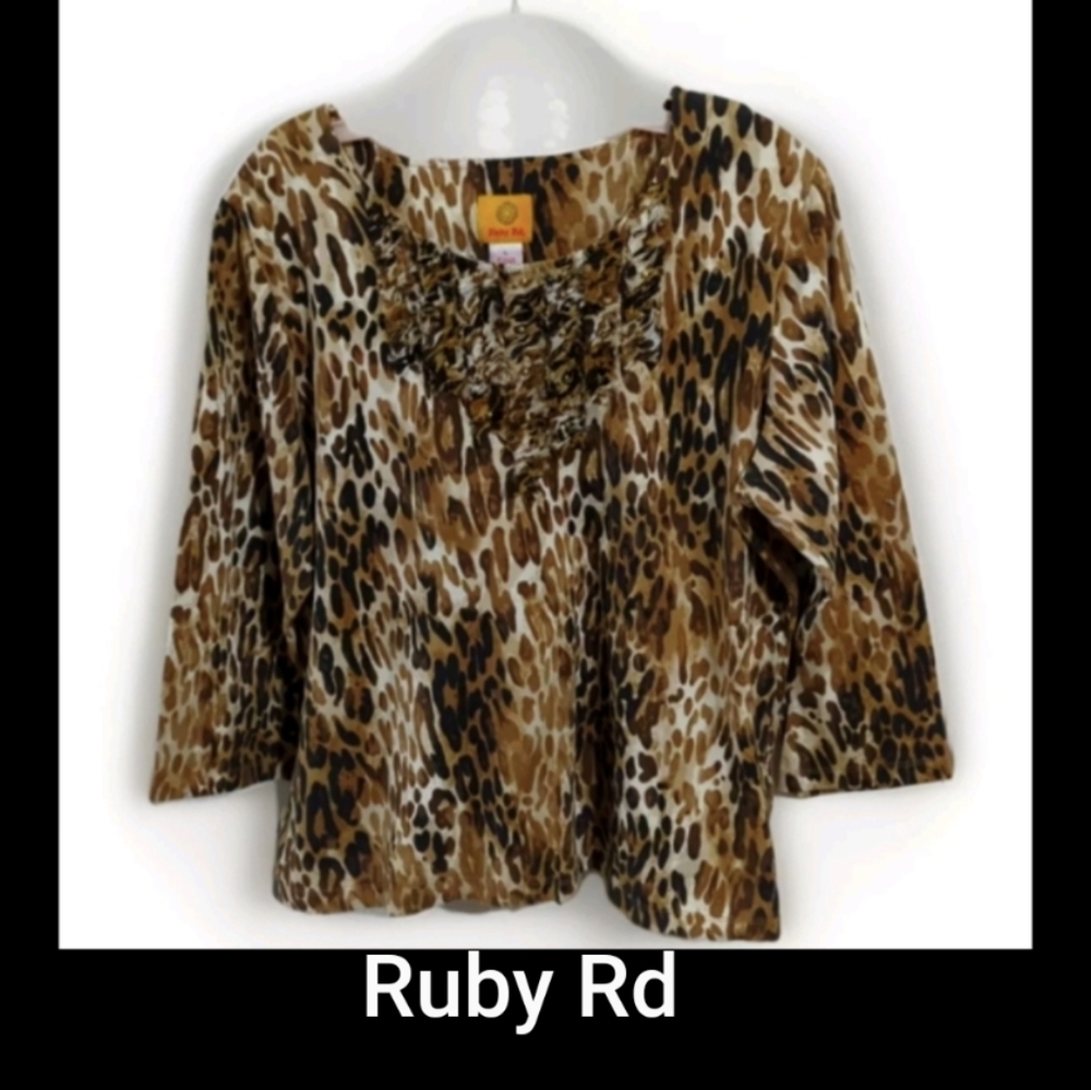 ❤️‍🔥🐆Ruby Rd Shirt Women's L 3/4 Sleeve Animal Print Top Blouse Cotton Blend